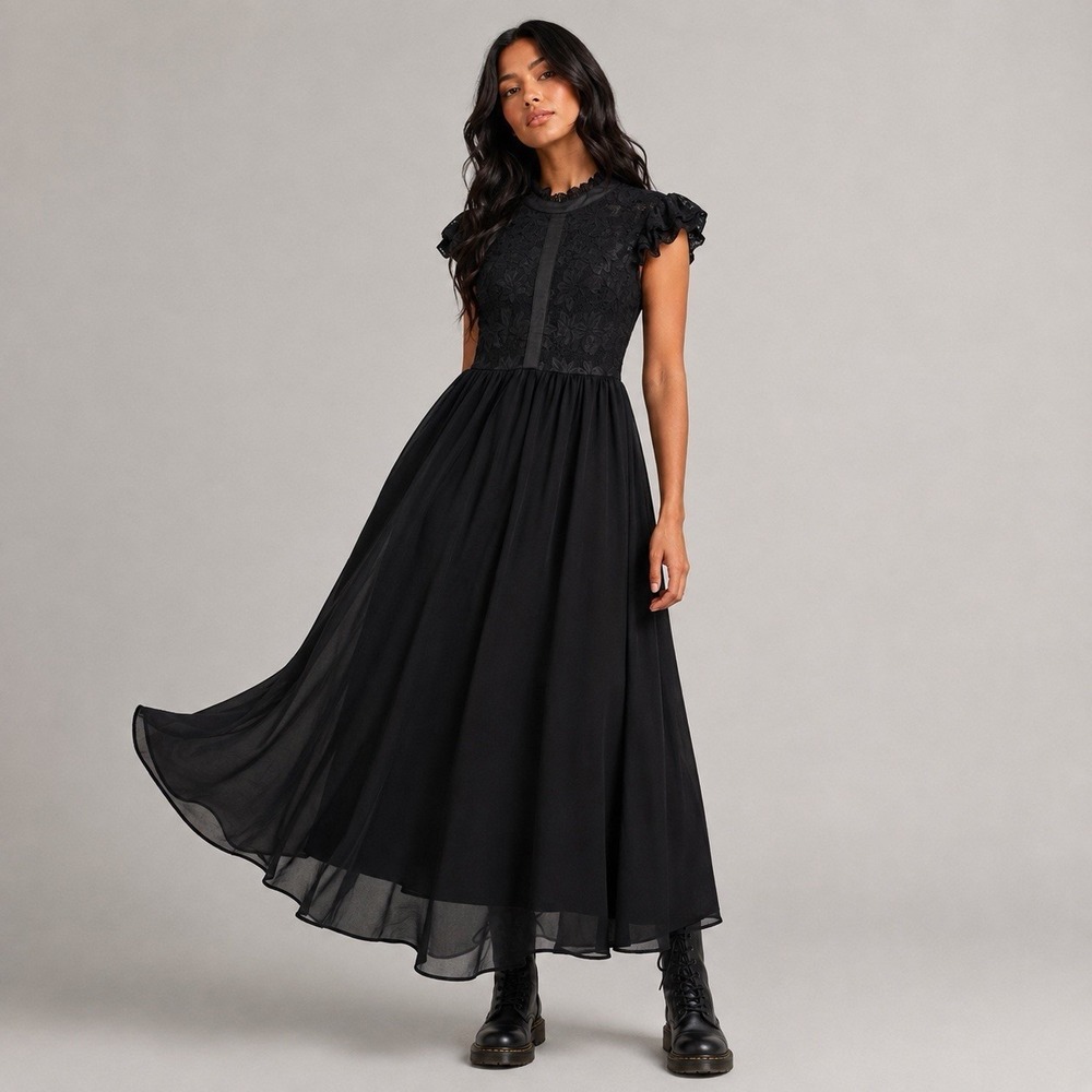 Kate Kasin black lace chiffon dress whimsigoth bridesmaid morticia maxi gown XS